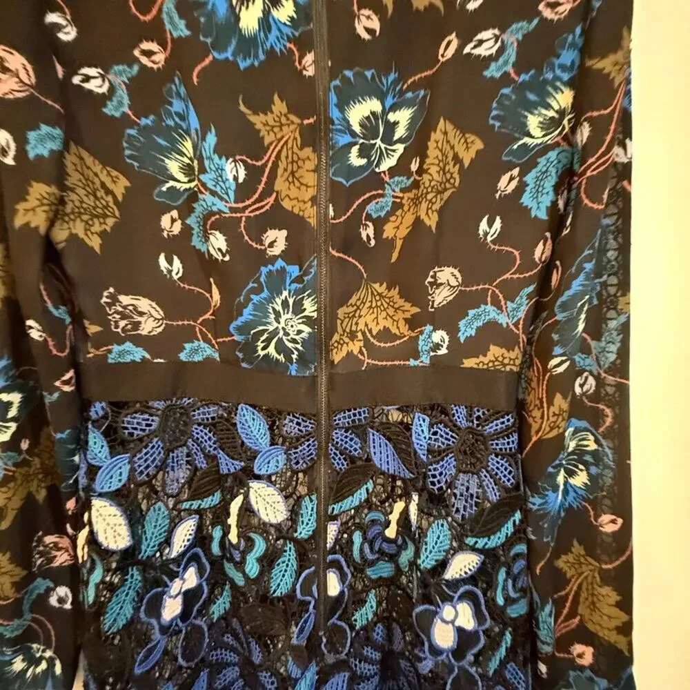 Self-Portrait Black Blue Floral Lace Long Sleeve Cocktail Mini Dress Size 6 - Picture 11 of 14
